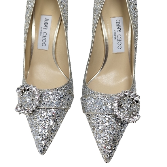 NIB Jimmy Choo Saresa 85 Coarse Glitter Pumps Champagne Silver Size EU 38.5 - Picture 6 of 16